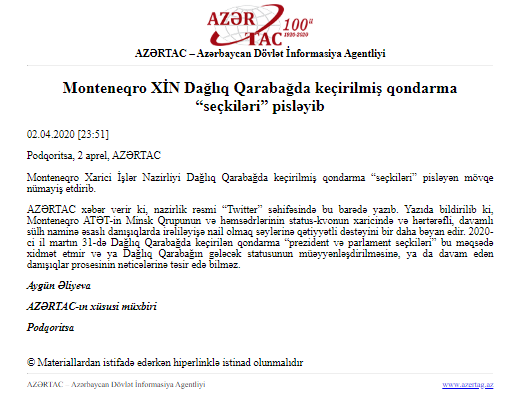 Monteneqro XİN Dağlıq Qarabağda keçirilmiş qondarma “seçkiləri” pisləyib 